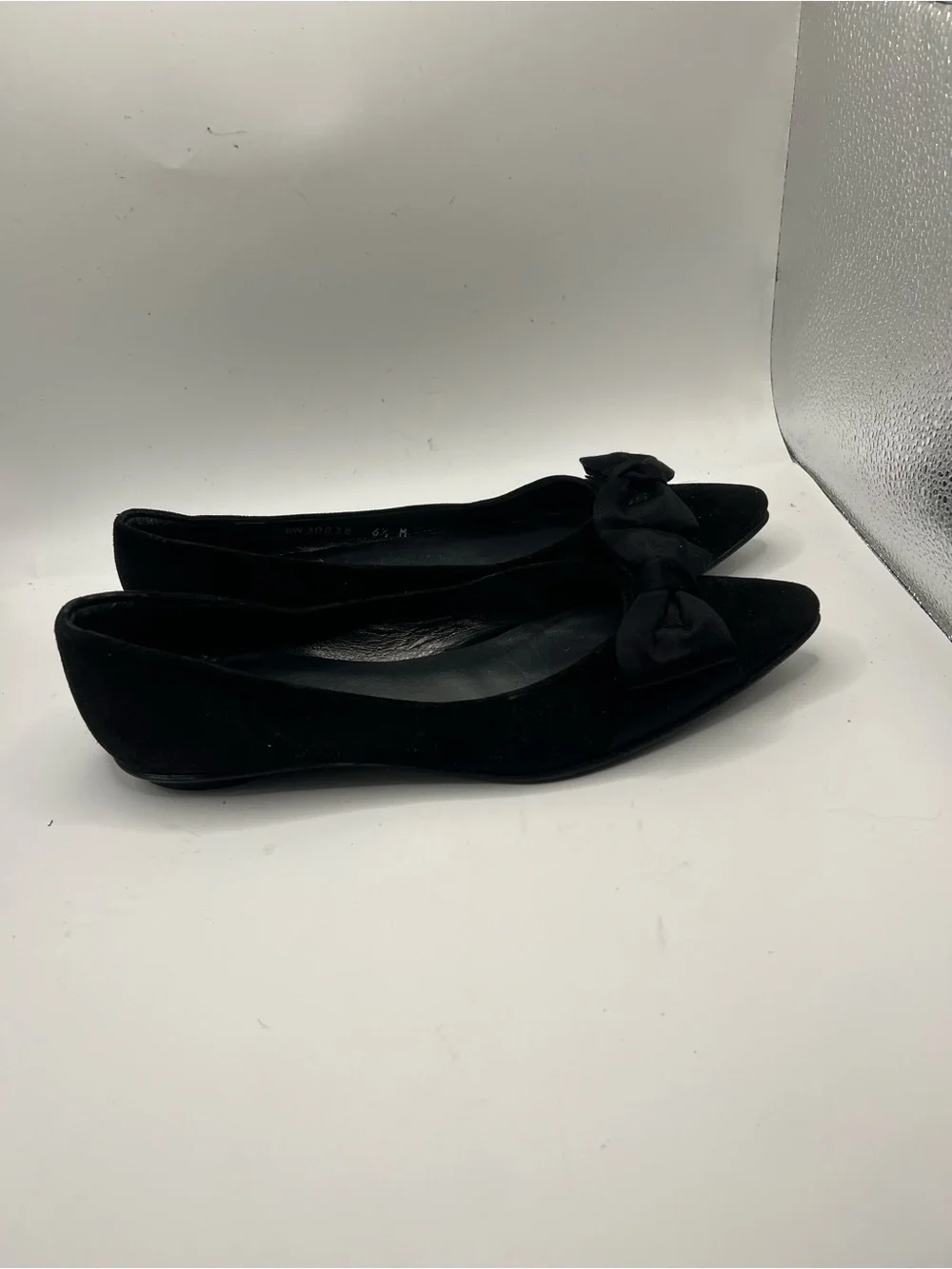 Stuart Weitzman Black Suede Pointed Toe Flats with Bow